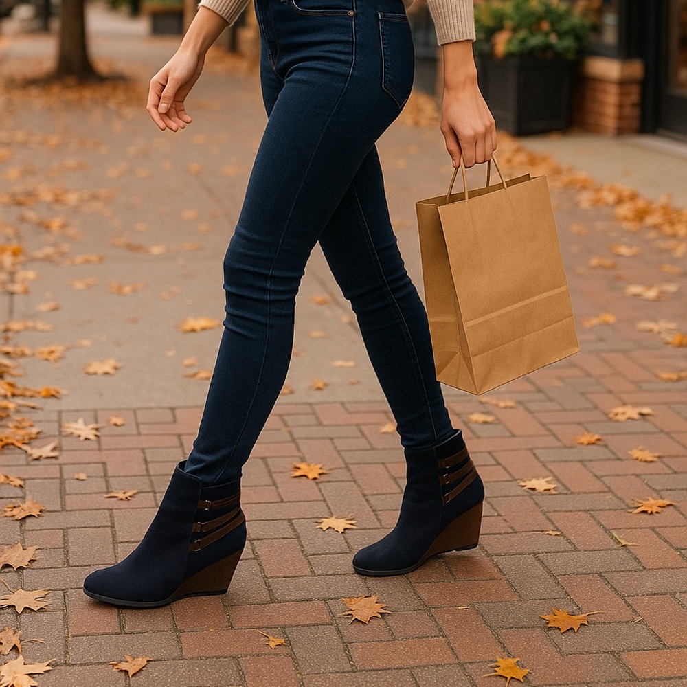 Cordani Calzature Navy Suede Wedge Ankle Boots with Brown Leather Straps